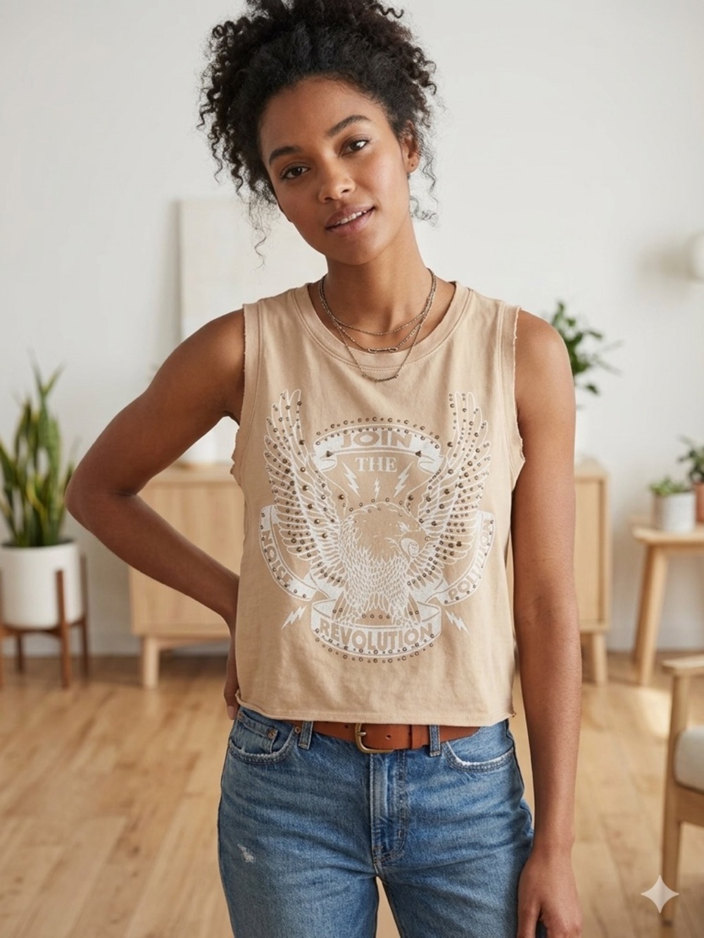 Lucky Brand Studded Eagle Muscle Tank Rock Boho Biker Revolution Taupe SZ Small